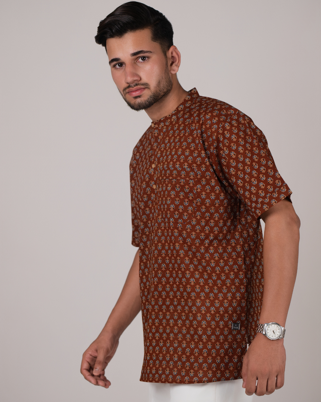 Caramel Brown Floral block Printed Bushirt for Men