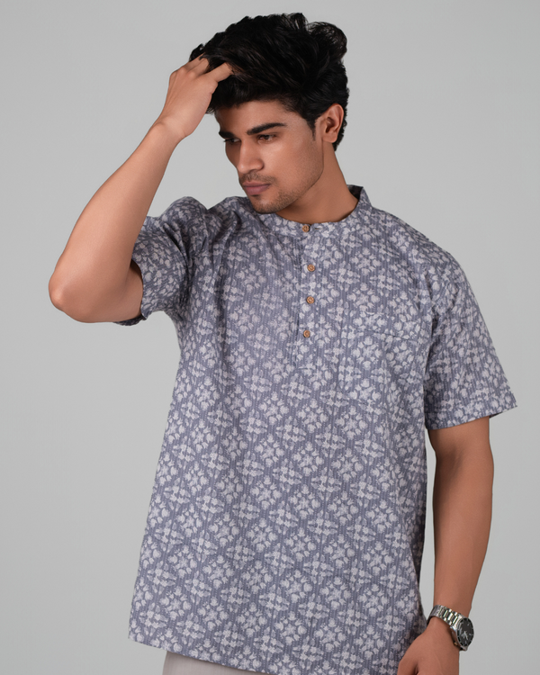 Ash Grey Kantha Print Bushirt for Men