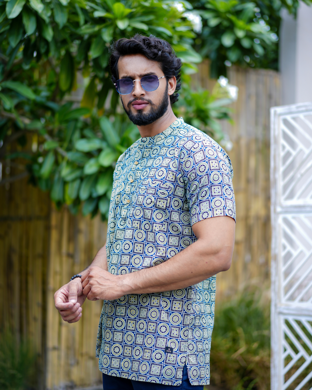 Blue Ajrak Pure Cotton Bushirt for Men