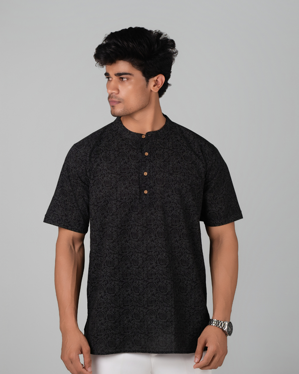 Noir Black Bloom Print Bushirt for Men