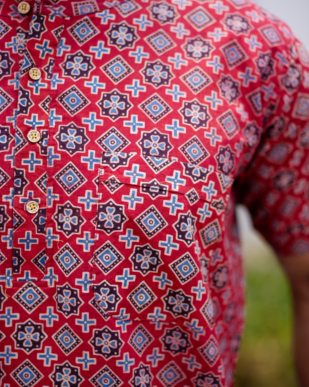 Red Ajrak Pure Cotton Bushirt for Men