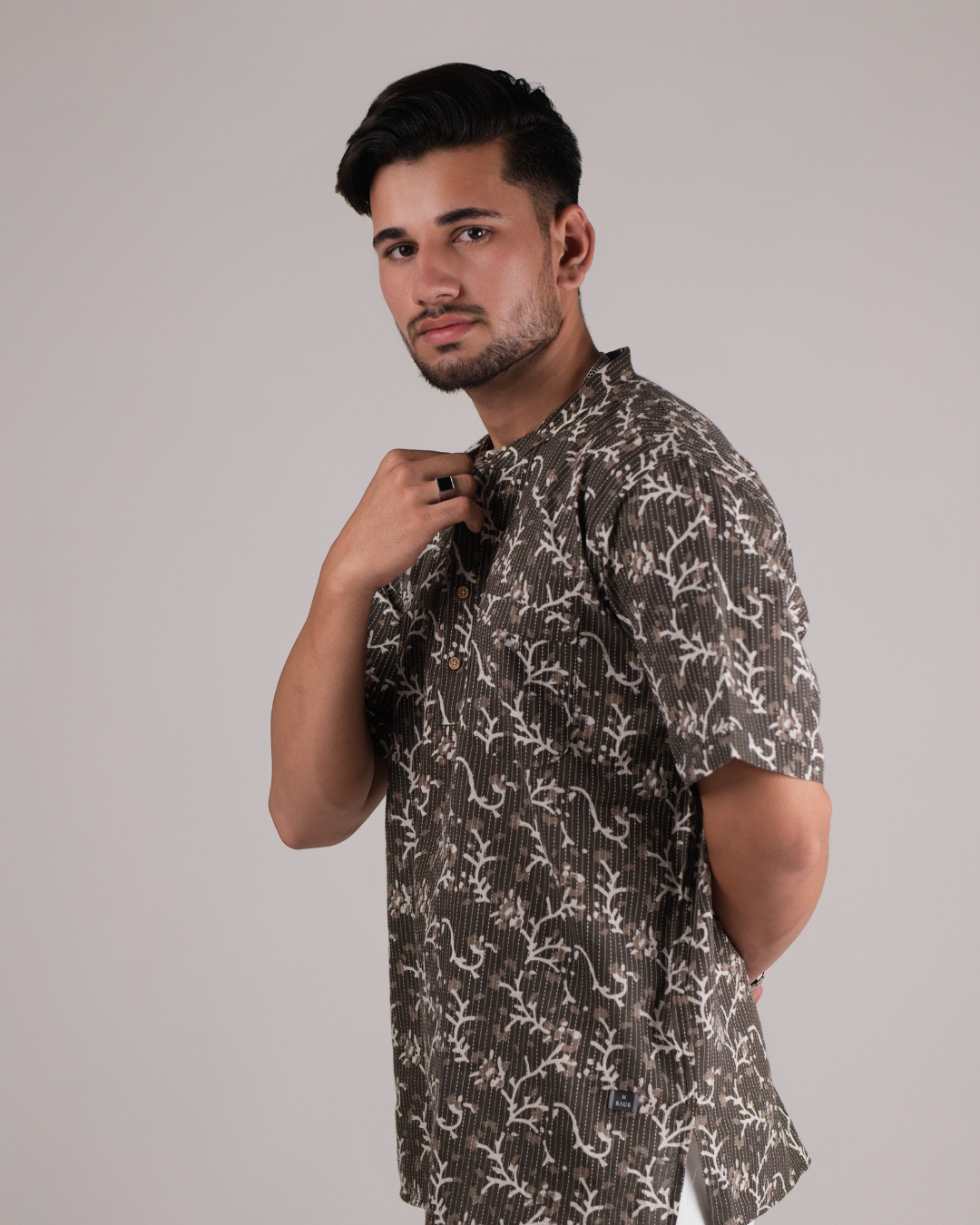 Taupe Kantha Printed Bushirt for Men