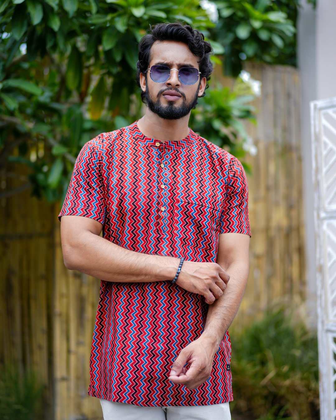 Red Abstract Pure Cotton Bushirt for Men