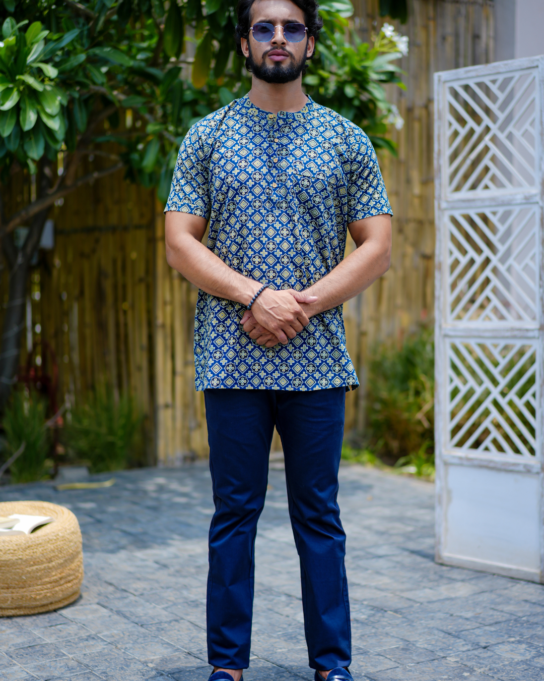 Blue Ajrak Pure Cotton Bushirt for Men