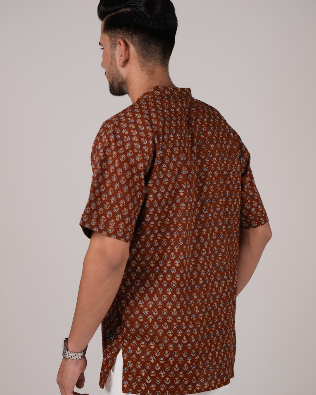 Caramel Brown Floral block Printed Bushirt for Men