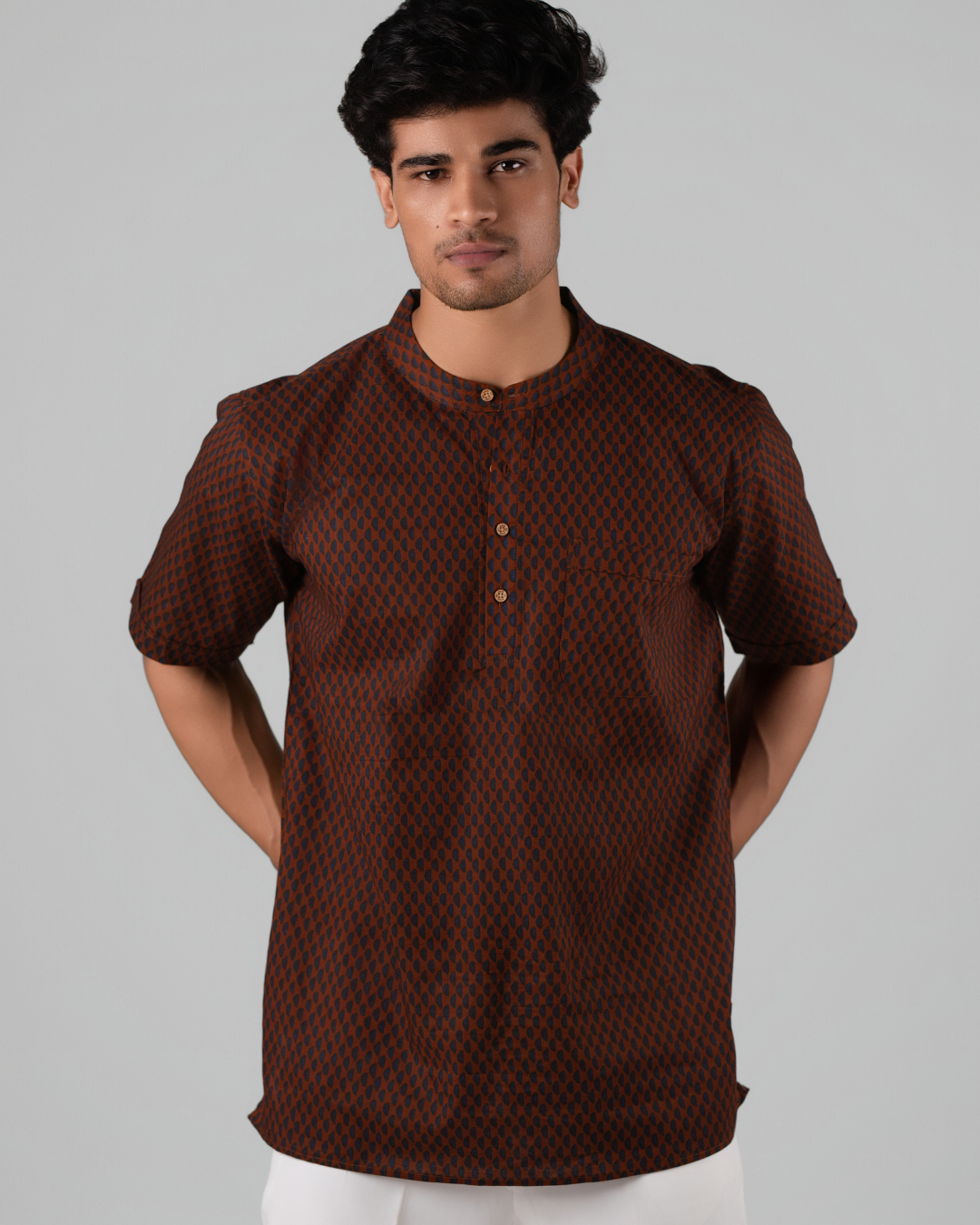 Tan Brown Abstract Printed Bushirt for Men