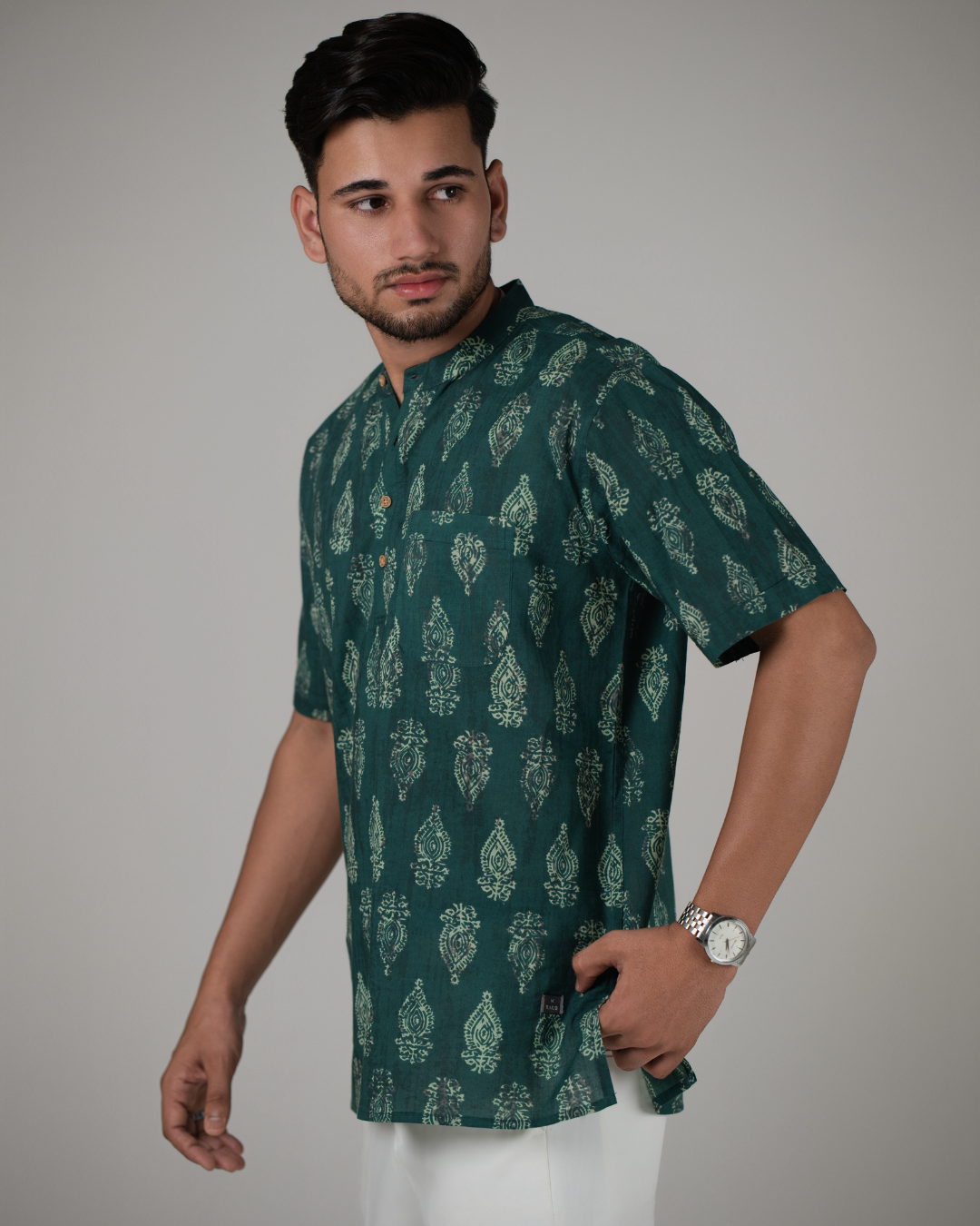 Teal Block Printed Bushirt for Men