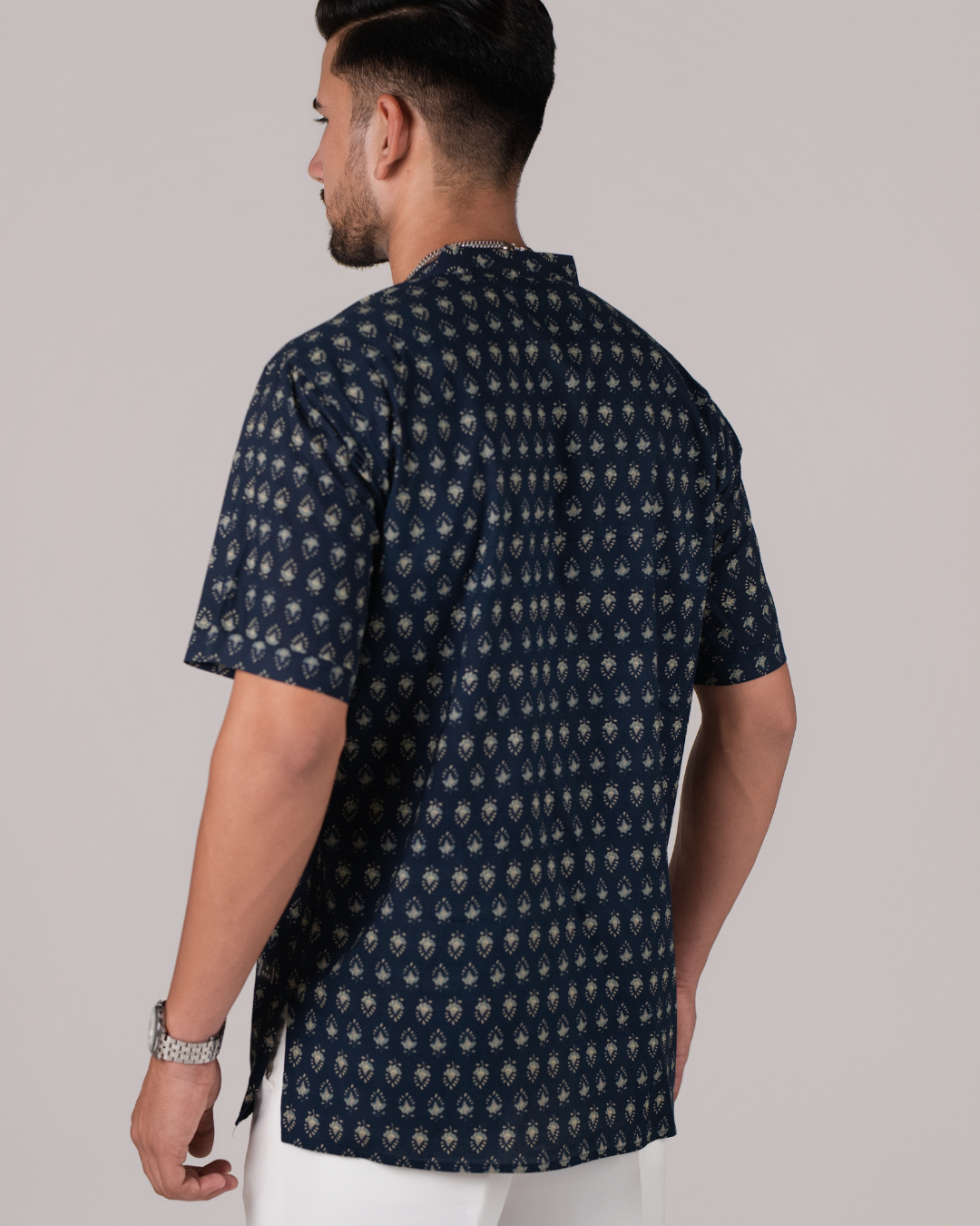 Midnight Blue Block Printed Bushirt for Men