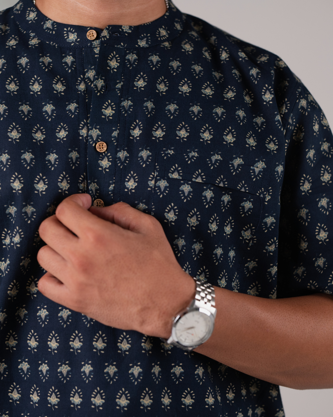 Midnight Blue Block Printed Bushirt for Men