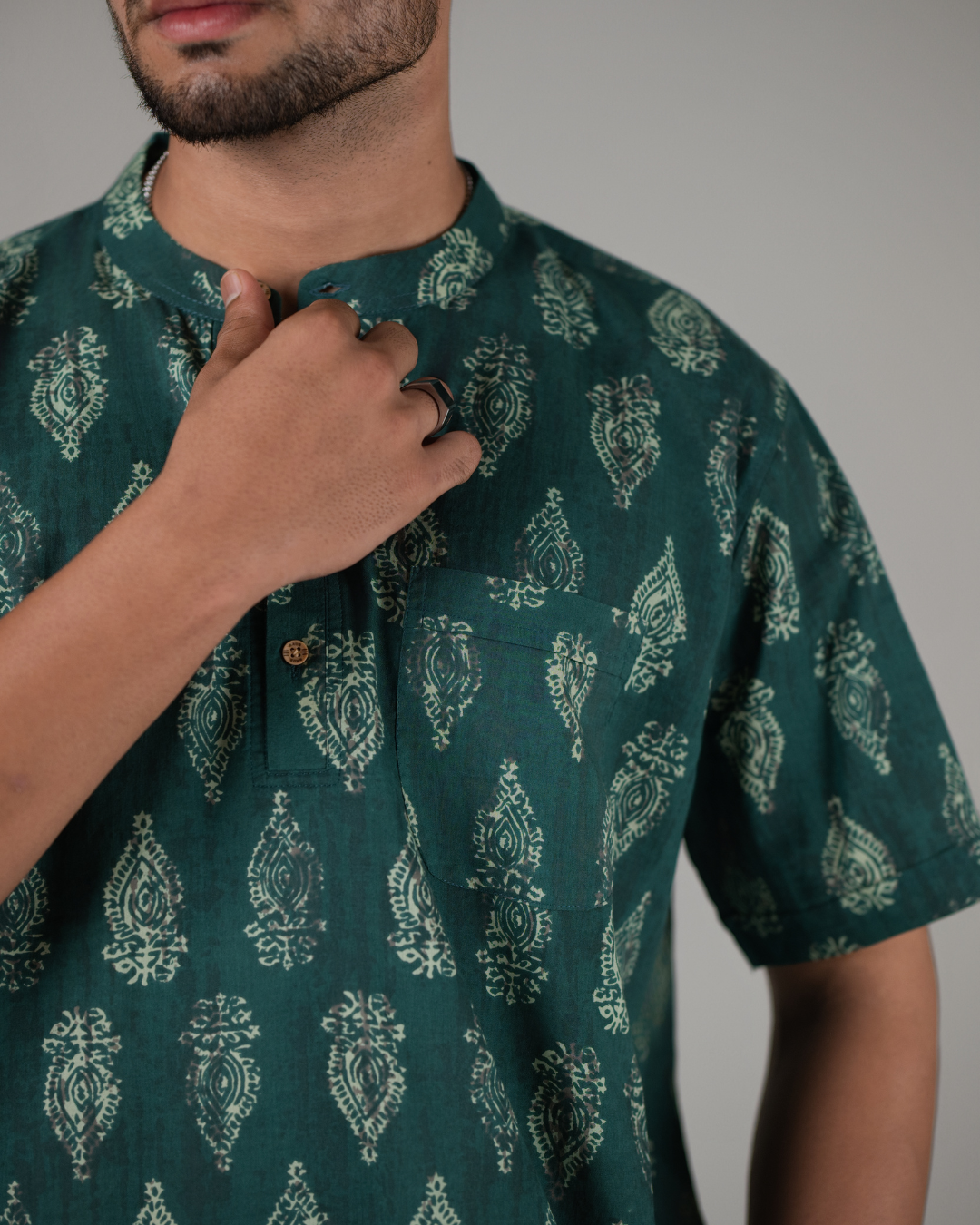 Teal Block Printed Bushirt for Men