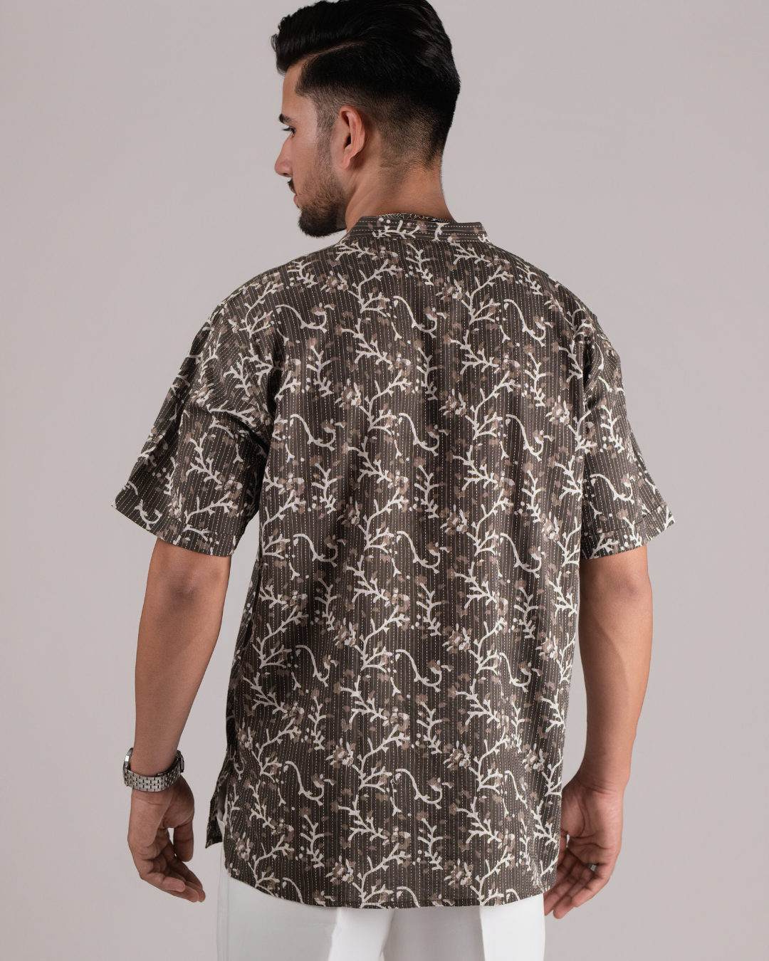 Taupe Kantha Printed Bushirt for Men