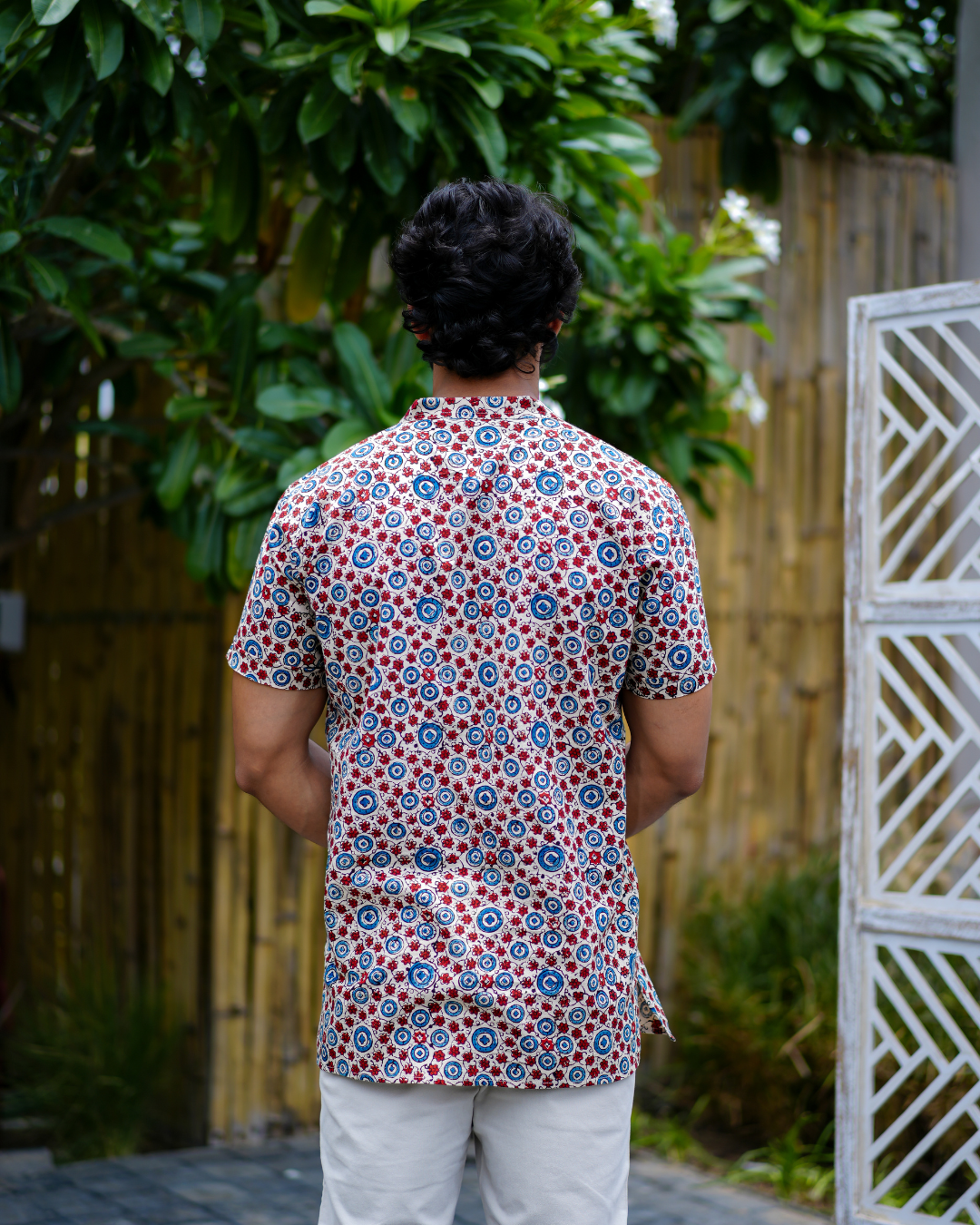 Beige Abstract Pure Cotton Bushirt for Men