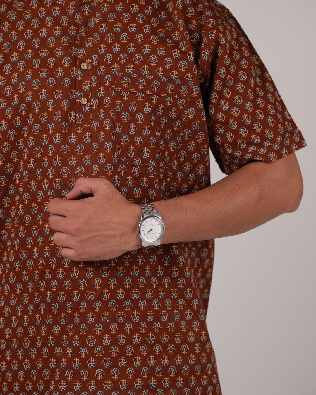 Caramel Brown Floral block Printed Bushirt for Men