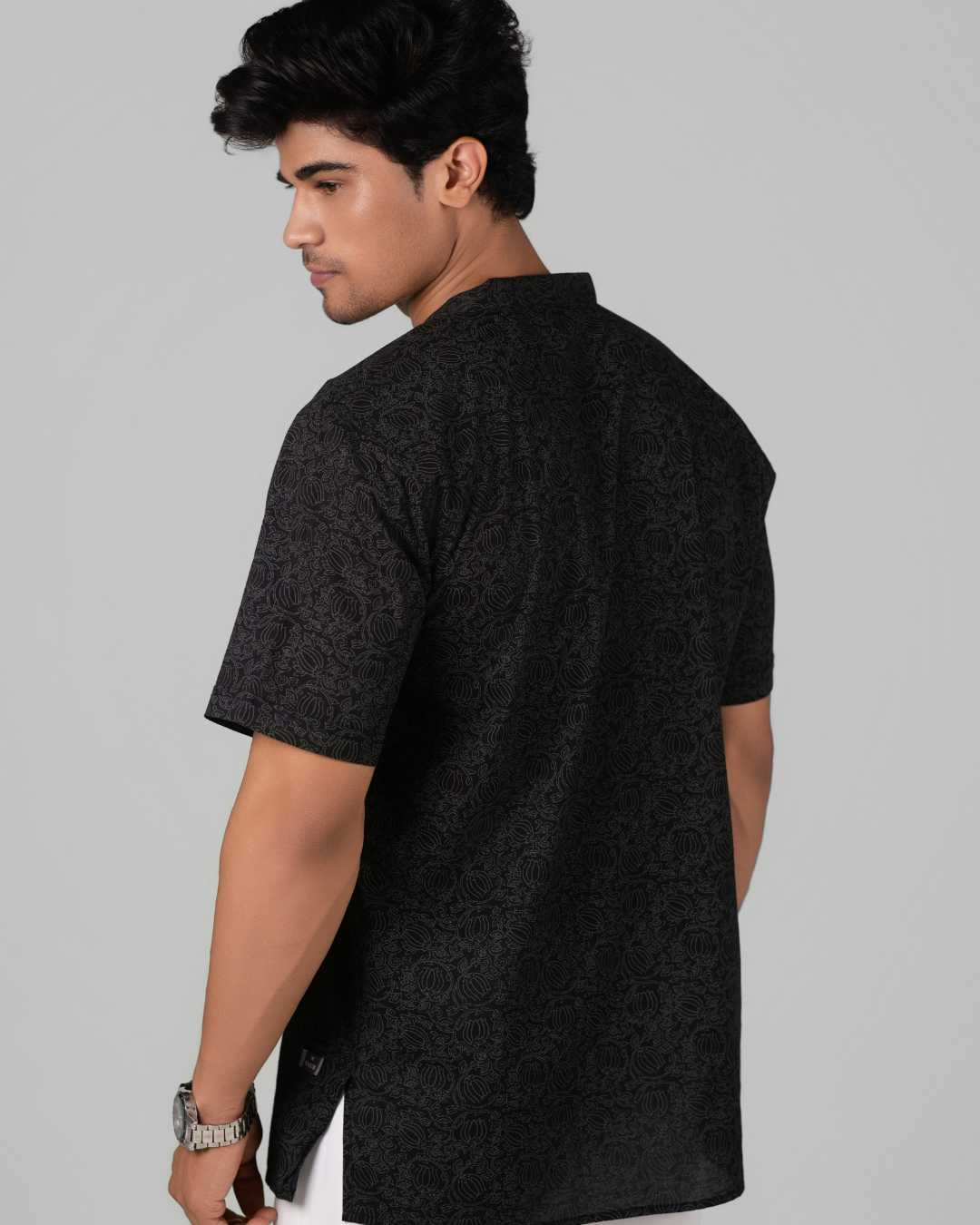 Noir Black Bloom Print Bushirt for Men