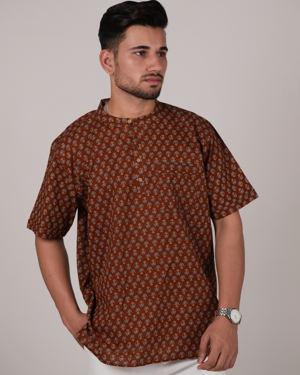 Caramel Brown Floral block Printed Bushirt for Men