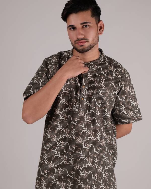Taupe Kantha Printed Bushirt for Men