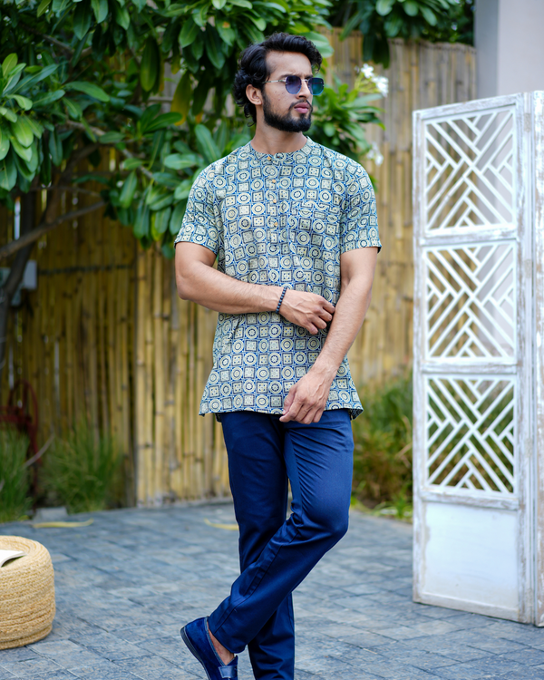 Blue Ajrak Pure Cotton Bushirt for Men