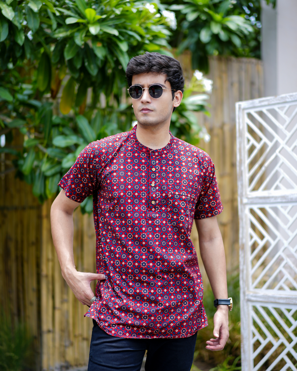 Marron Ajrak Pure Cotton Bushirt for Men