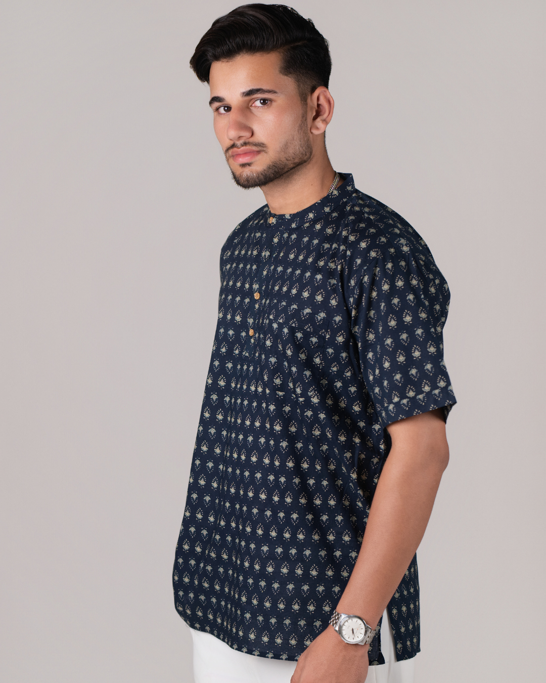 Midnight Blue Block Printed Bushirt for Men