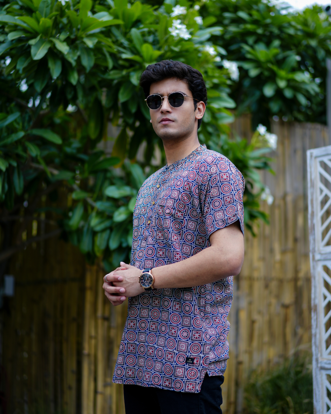 Blue Ajrak Pure Cotton Bushirt for Men