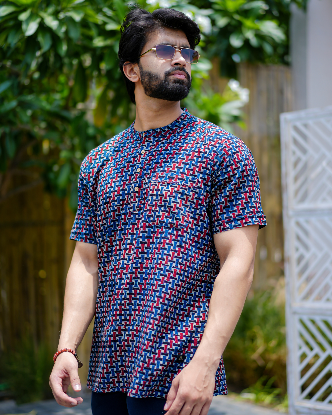 Blue Ajrak Pure Cotton Bushirt for Men