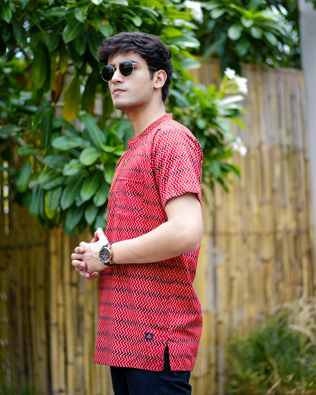 Red Abstract Pure Cotton Bushirt for Men