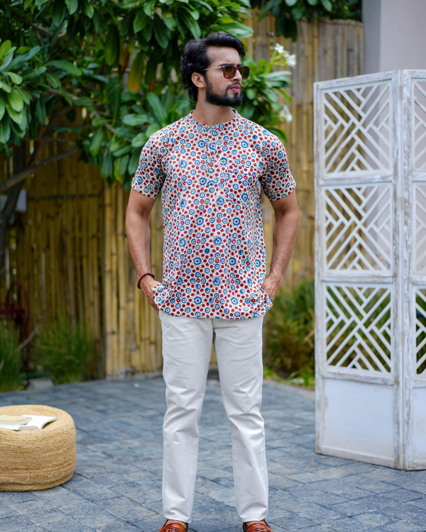 Beige Abstract Pure Cotton Bushirt for Men