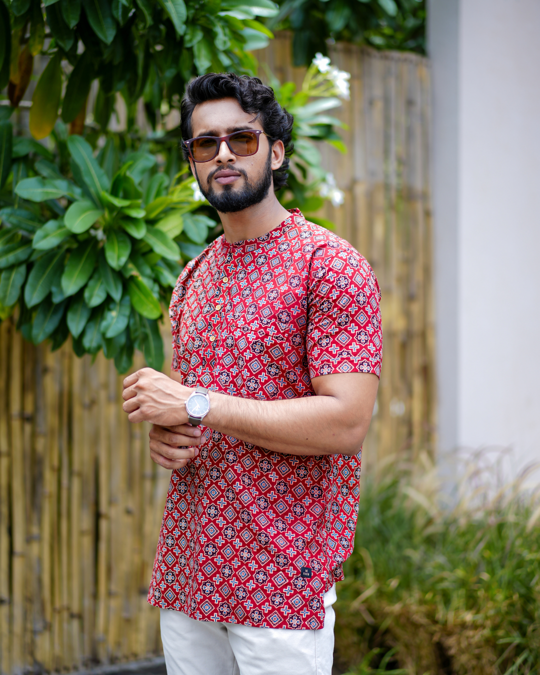 Red Ajrak Pure Cotton Bushirt for Men