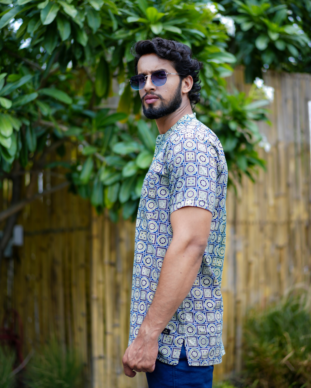 Blue Ajrak Pure Cotton Bushirt for Men