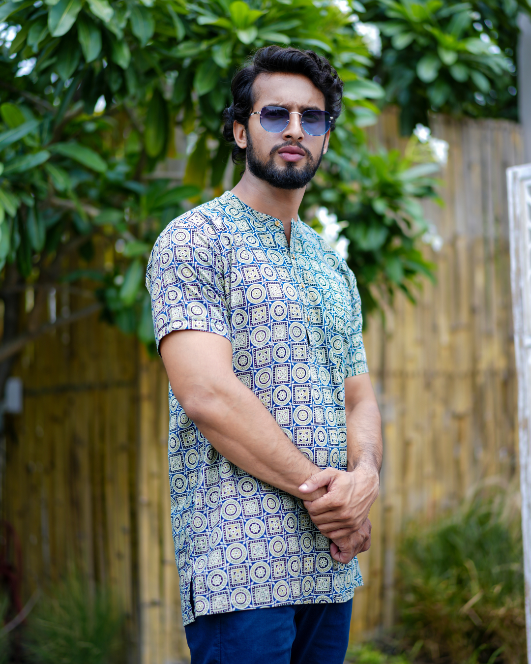 Blue Ajrak Pure Cotton Bushirt for Men