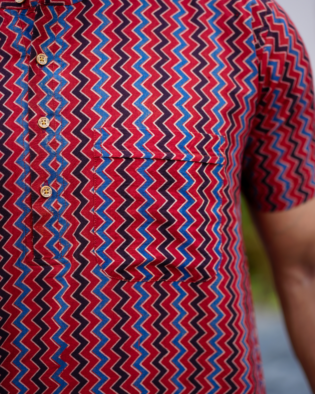 Red Abstract Pure Cotton Bushirt for Men