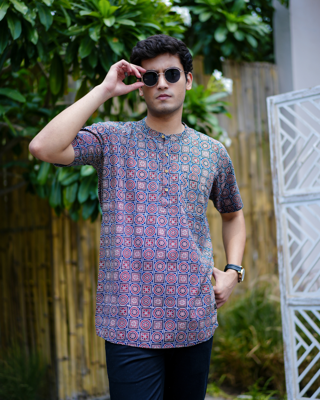 Blue Ajrak Pure Cotton Bushirt for Men