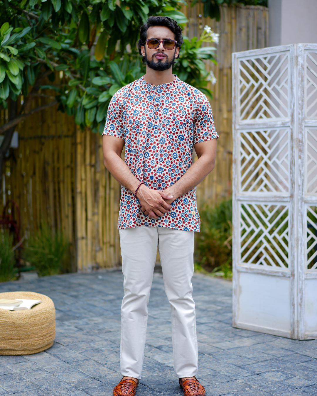 Beige Abstract Pure Cotton Bushirt for Men