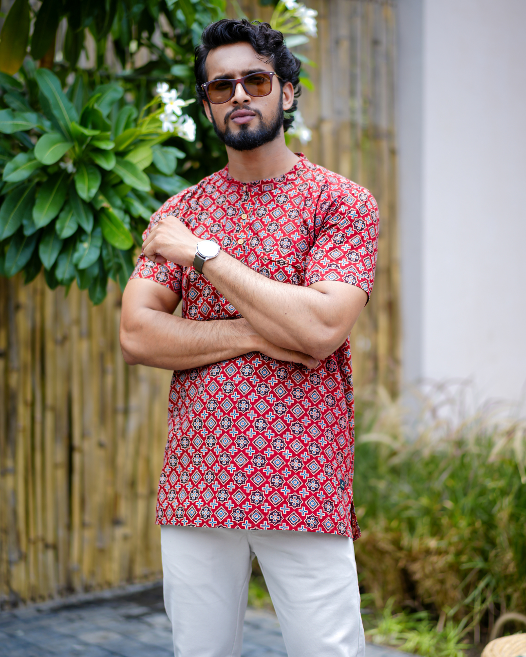 Red Ajrak Pure Cotton Bushirt for Men