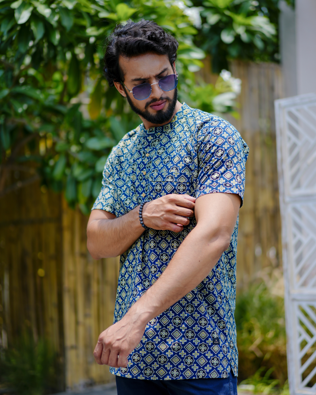 Blue Ajrak Pure Cotton Bushirt for Men