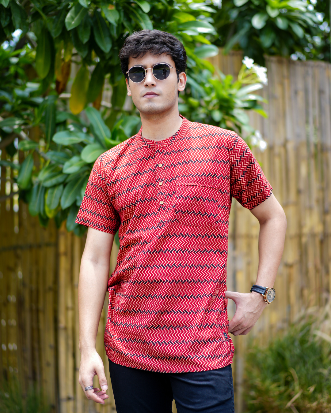 Red Abstract Pure Cotton Bushirt for Men