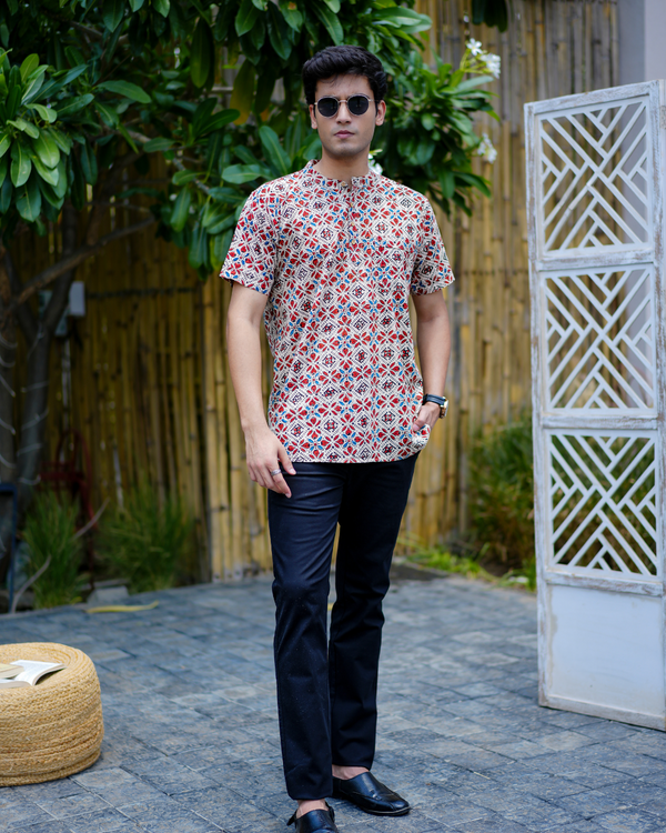 Beige Ajrak Pure Cotton Bushirt for Men