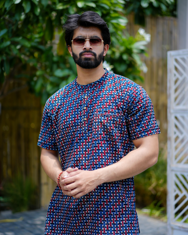 Blue Ajrak Pure Cotton Bushirt for Men