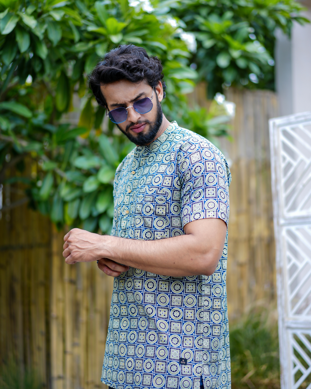 Blue Ajrak Pure Cotton Bushirt for Men