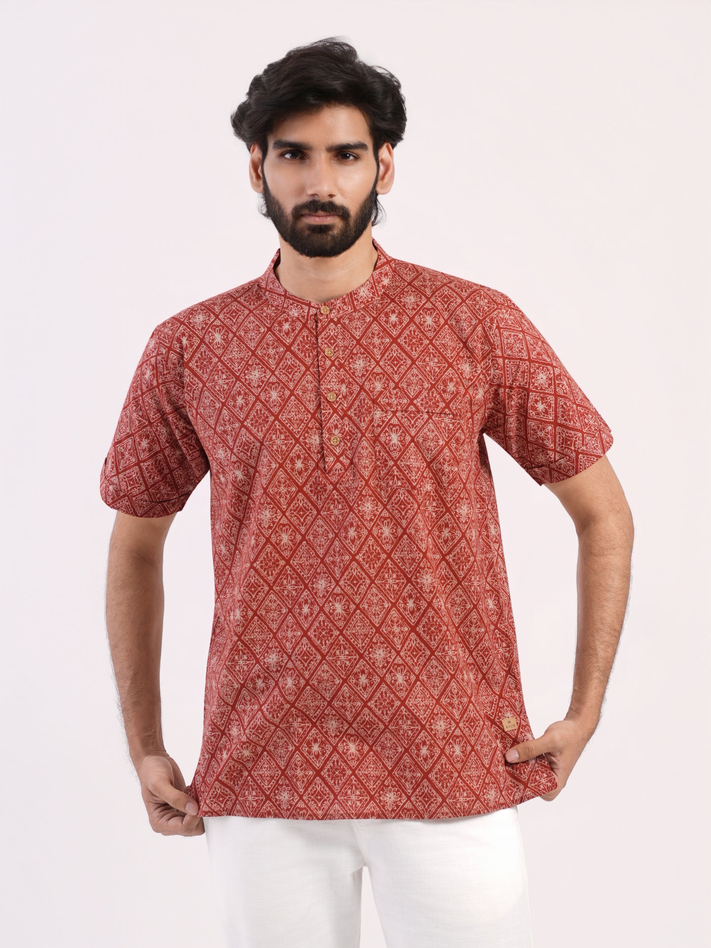 Rust Red with White Geometric Print Bushirt