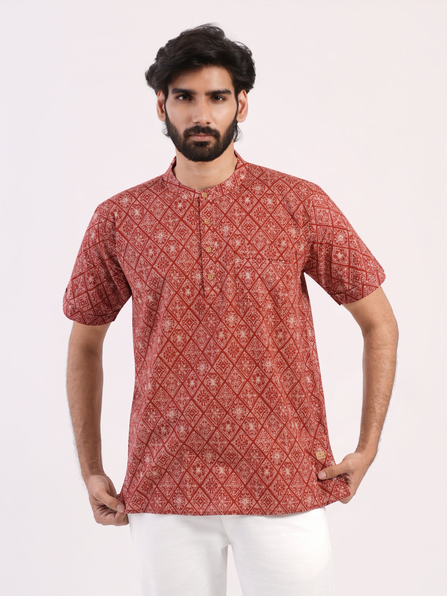 Rust Red with White Geometric Print Bushirt