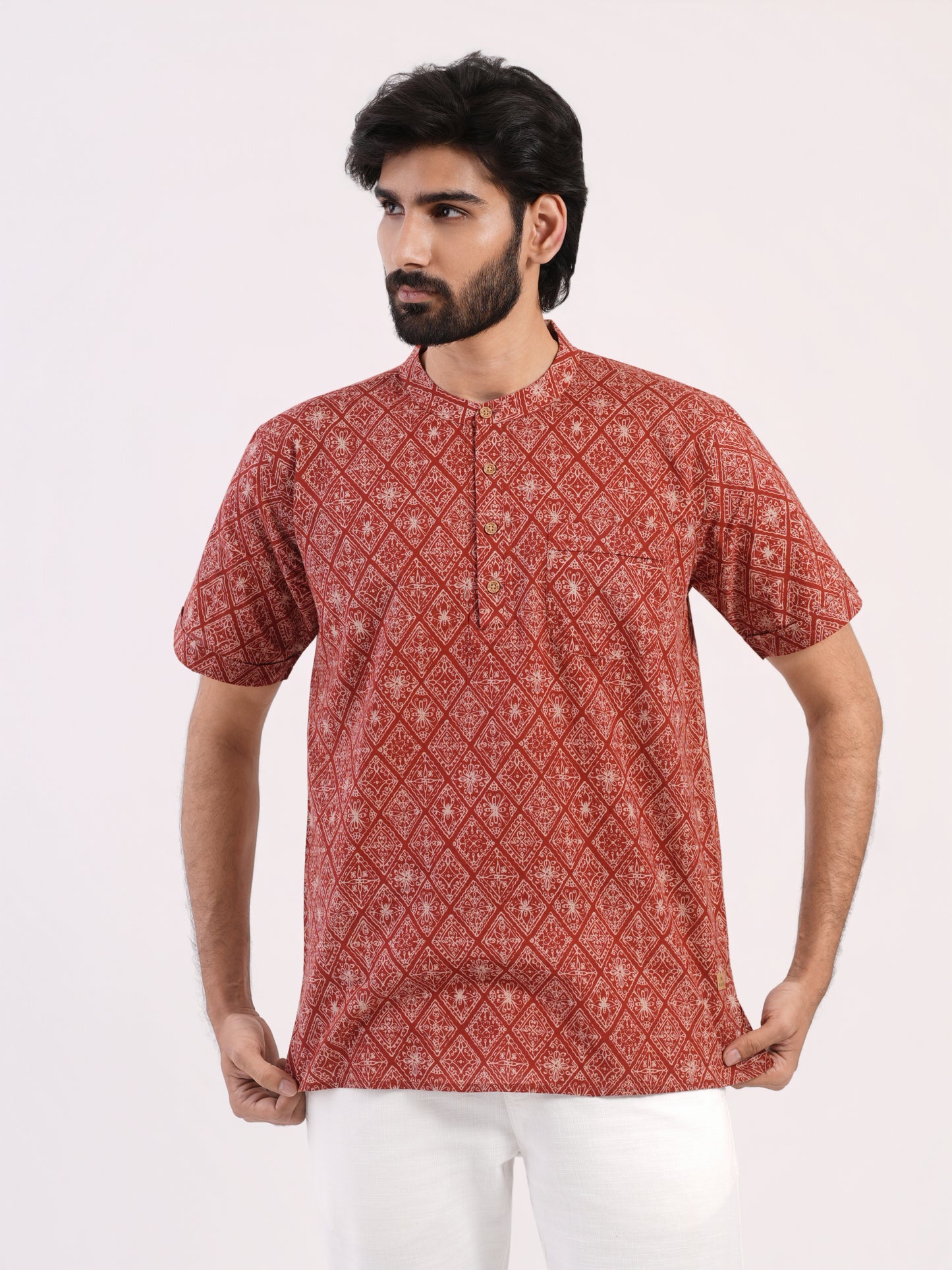Rust Red with White Geometric Print Bushirt