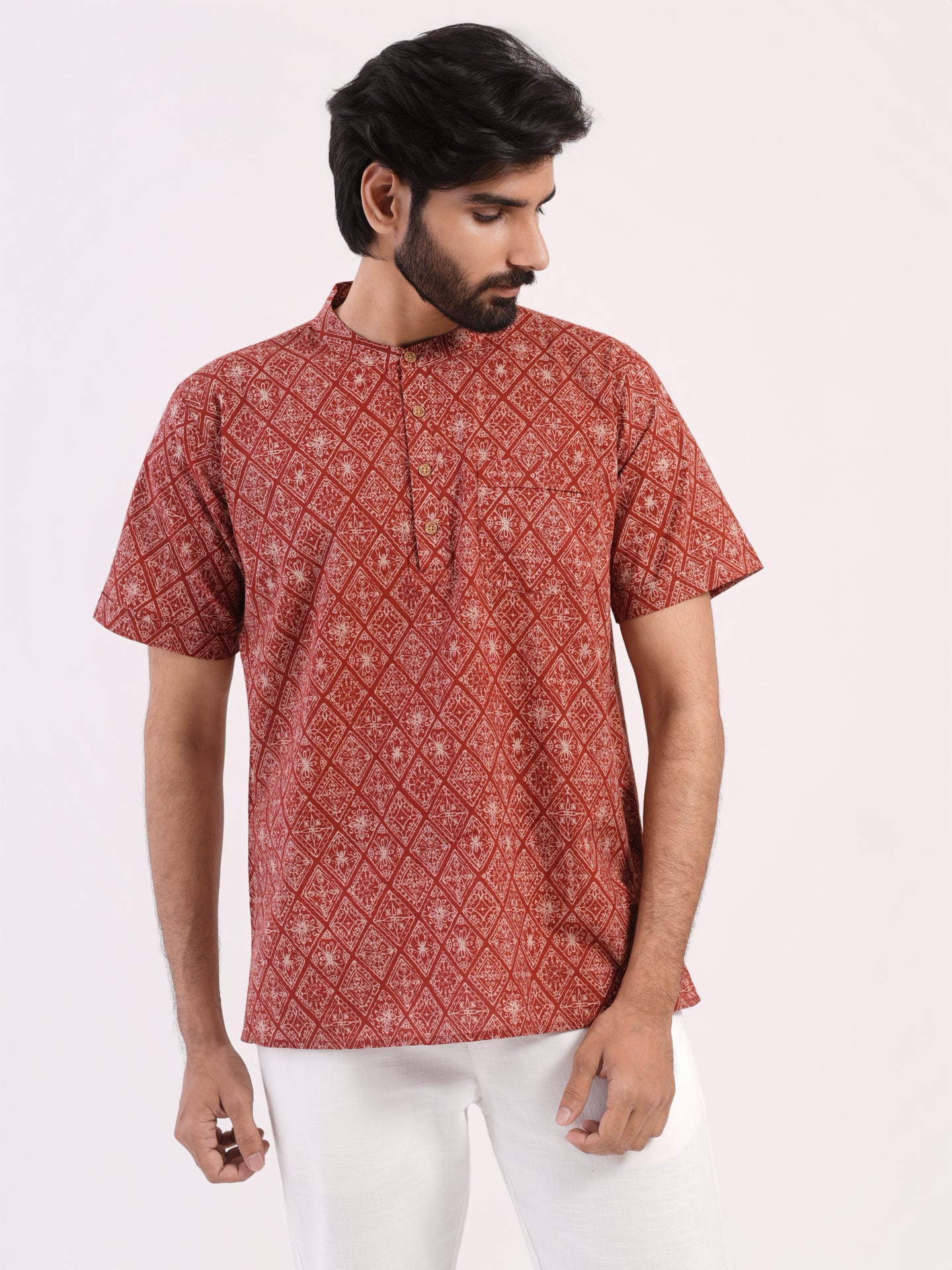 Rust Red with White Geometric Print Bushirt