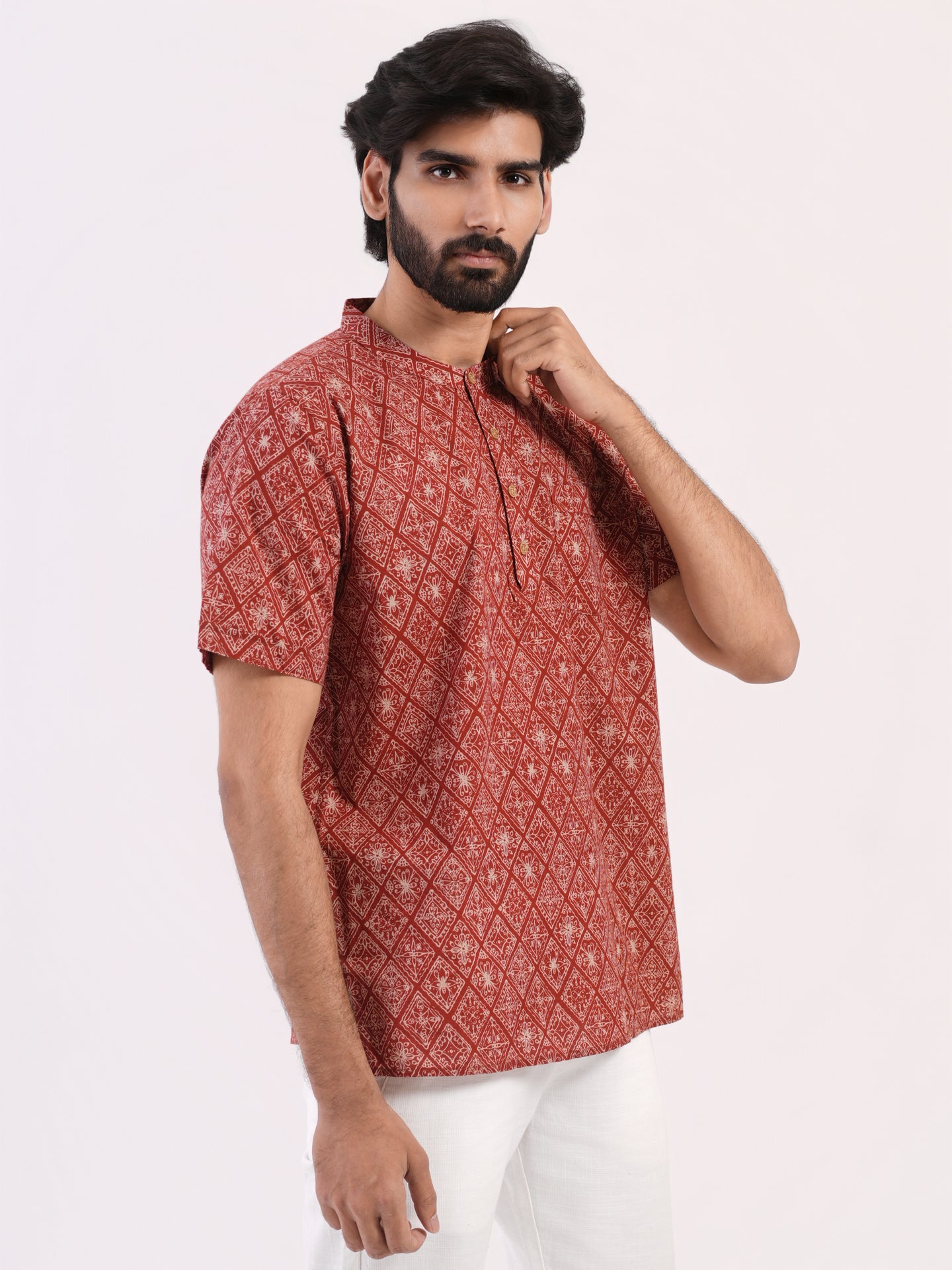 Rust Red with White Geometric Print Bushirt