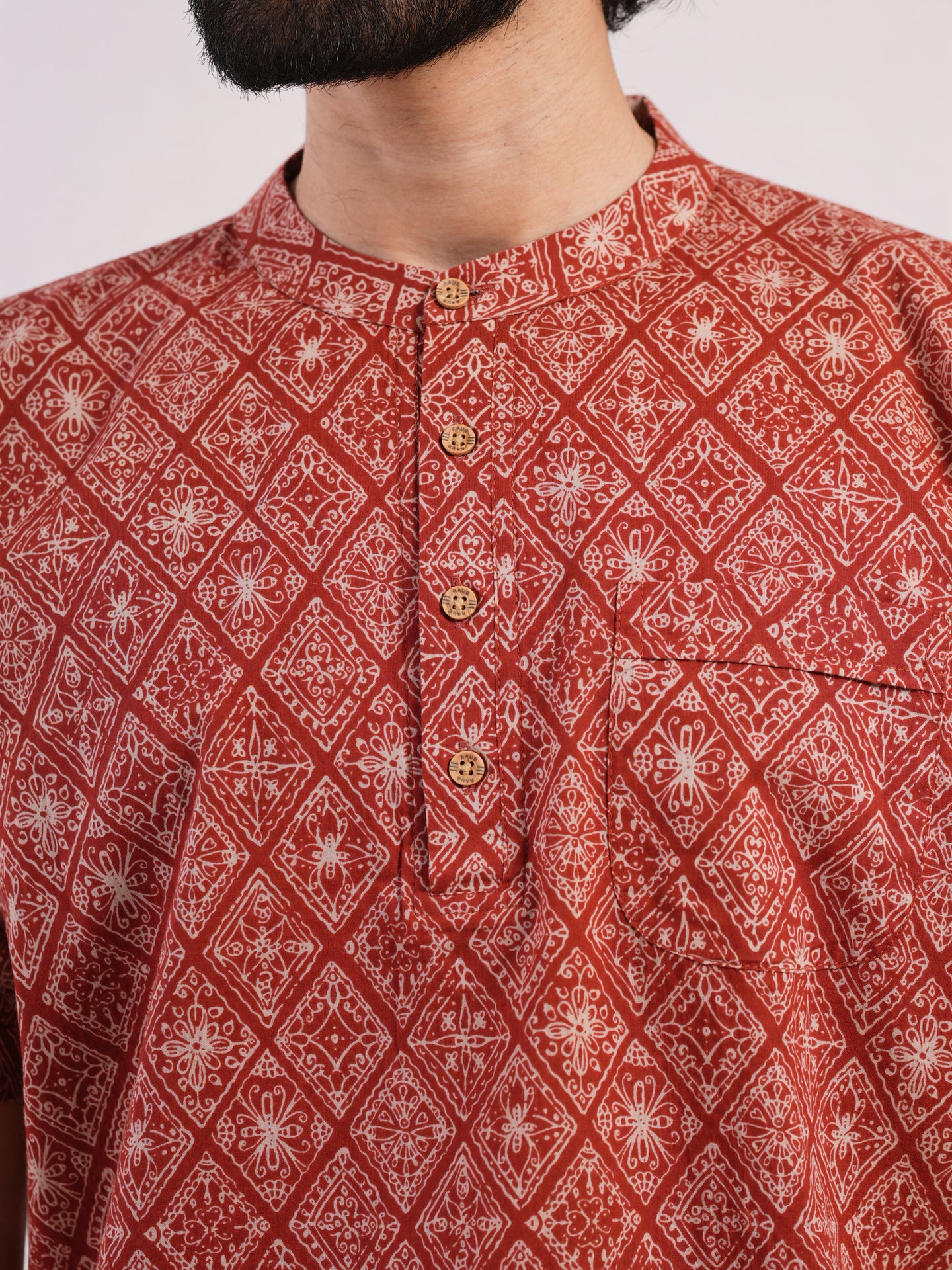 Rust Red with White Geometric Print Bushirt