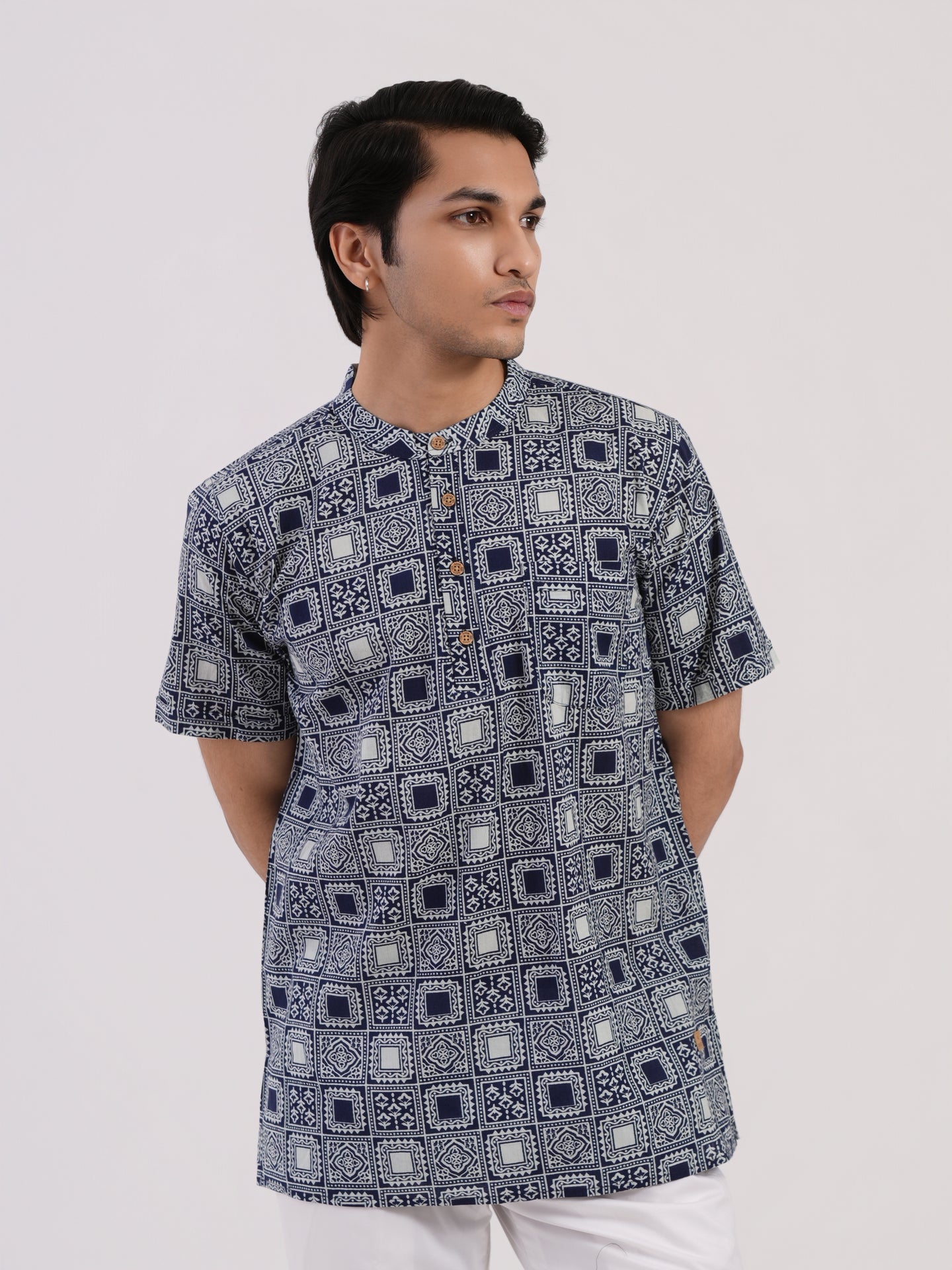 Navy Heritage Block Print Bushirt