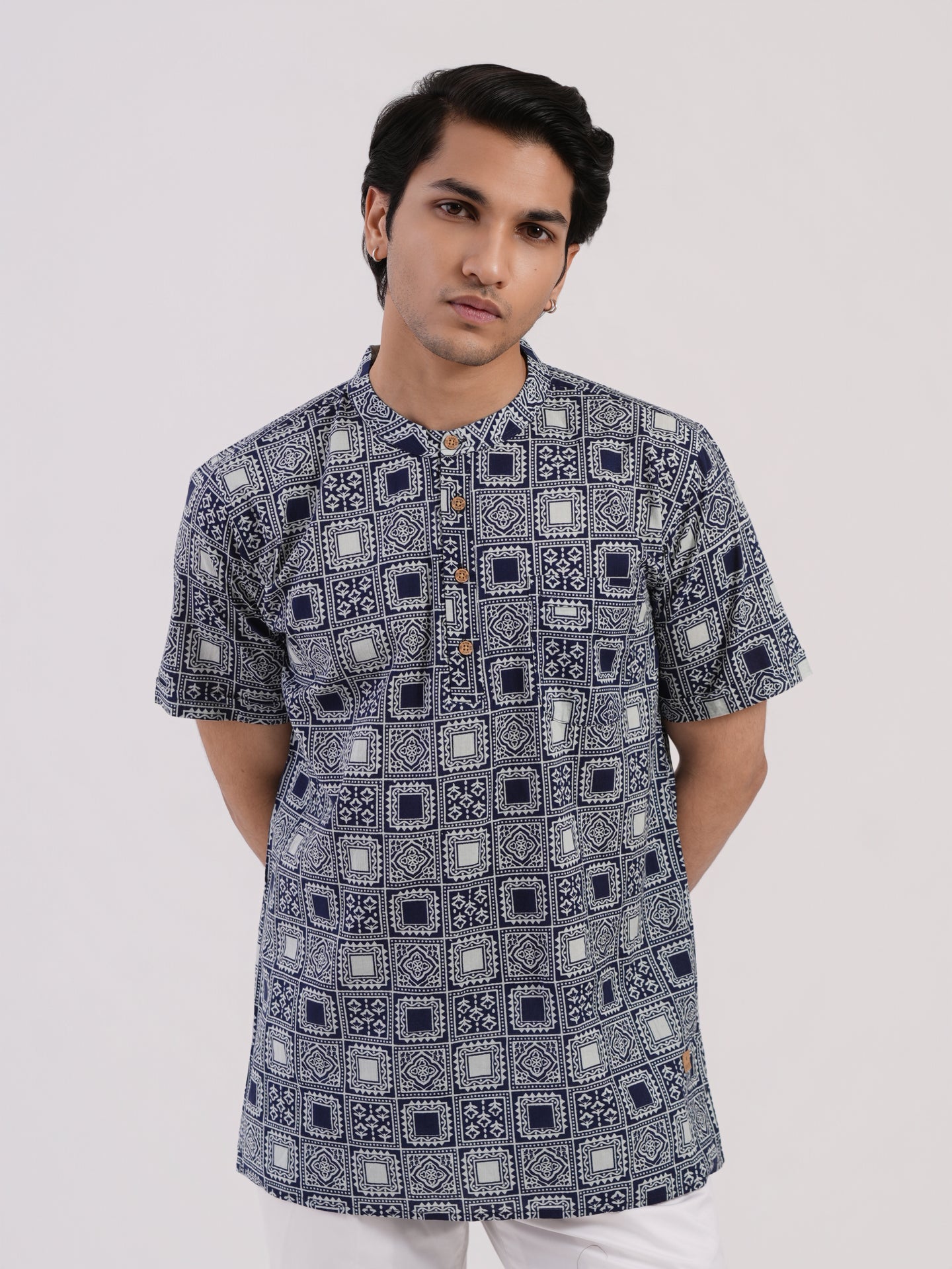 Navy Heritage Block Print Bushirt