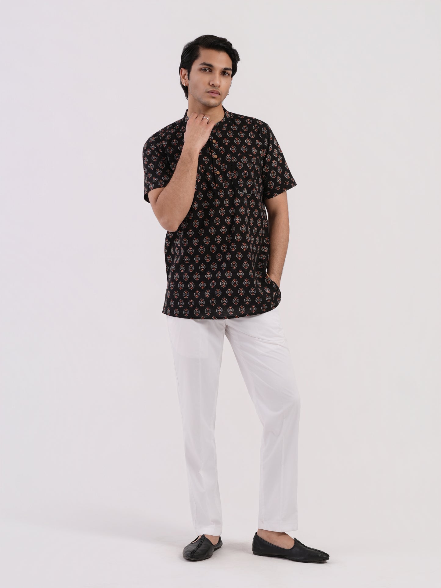 Rich Black with All Over Buti Print Bushirt