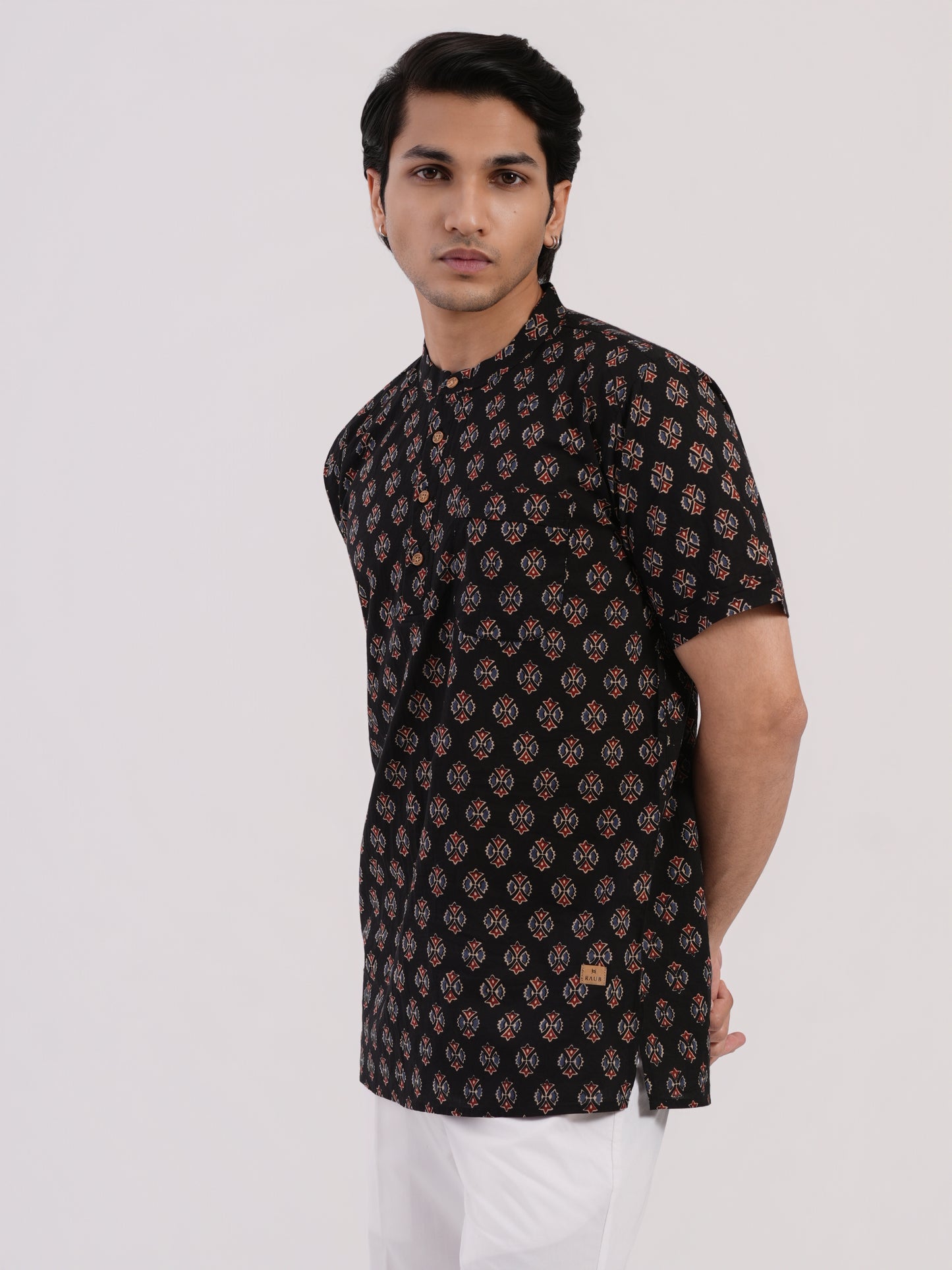 Rich Black with All Over Buti Print Bushirt