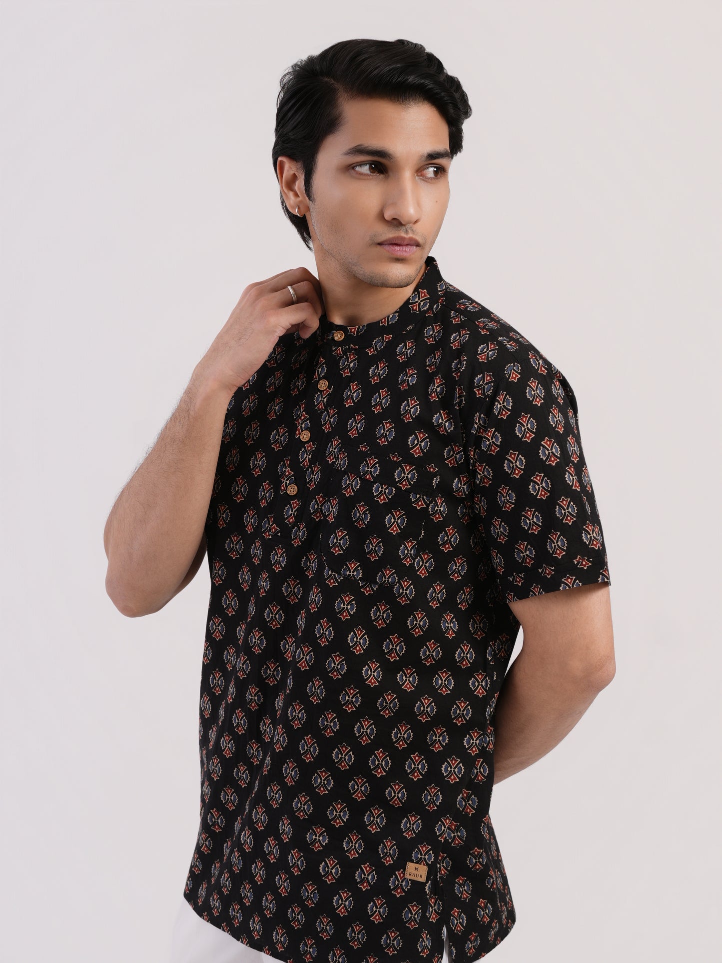 Rich Black with All Over Buti Print Bushirt